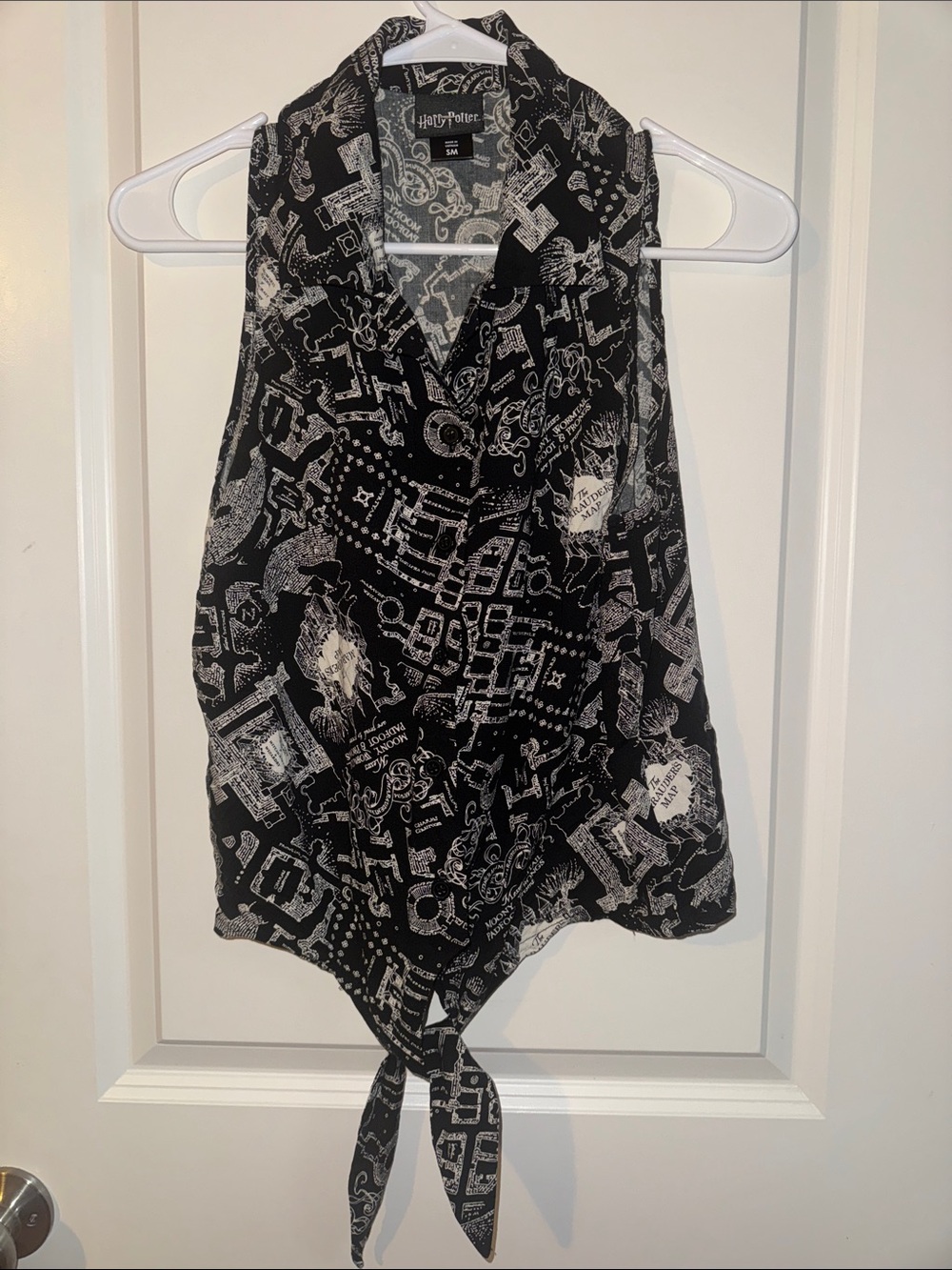 Harry Potter Marauder's Map Black White Sleeveless Front Tie Button Blouse